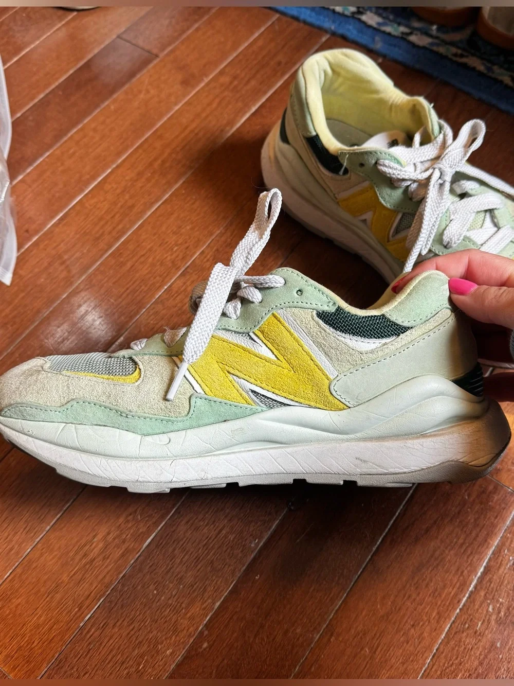 STAUD New Balance Women's Suede & Mesh Sneakers in Yellow and Mint